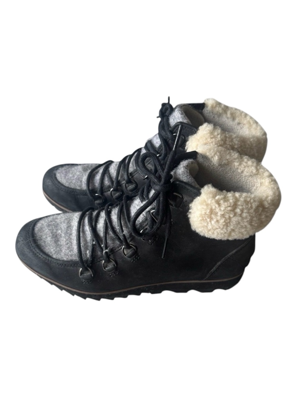 Sorel Harlow Leather Cozy Black & Grey Lace-Up Ankle Boots Size 7.5